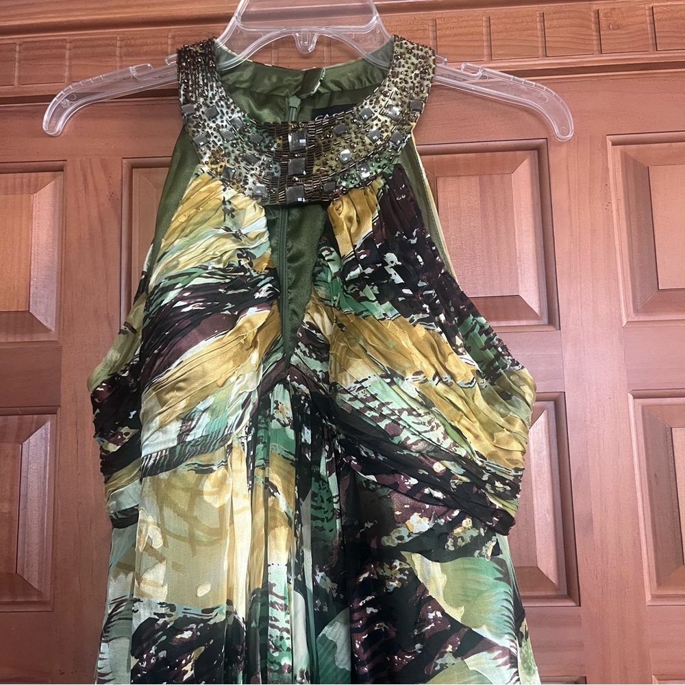 Cachet Beaded Dress with Green and Brown Accents Size 14 Excellent Condition!
